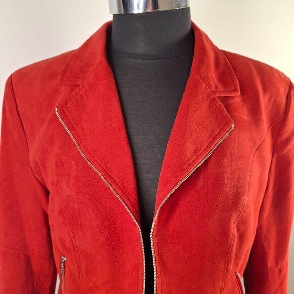 Peplum Crop Sz 16P Conrad C Proportion Petite Red Suede Blazer Jacket Zip Lined - Picture 3 of 15